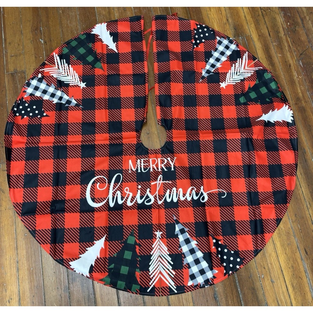 Red & Black Plaid with trees‎ MERRY CHRISTMAS 48" tree skirt